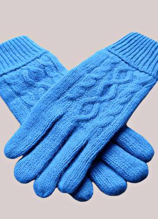 Вязанные голубые женские теплые двойные перчатки c отворотом