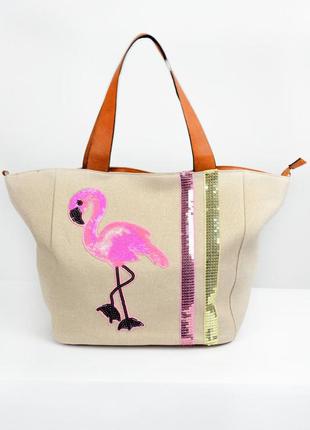 Вместительная летняя сумка "фламинго" - 1807 кремовый