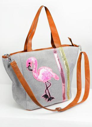 Вместительная летняя сумка "фламинго" - 1807 молочный