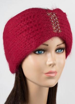 Зимняя повязка крупной вязки украшенная стразами и бусинками - p-15 (45986) рубин