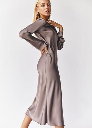 Платье прямое миди из искусственного шелка шоколадное