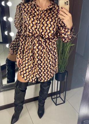 👗интересное разноцветное платье миди под пояс/бежево-бордовое платье рубашка рисунок геометрия👗