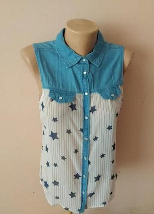 Блузка безрукавка. летняя лёгкая рубашка с звёздами.  принт~