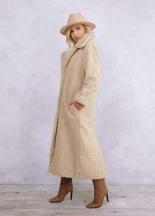 Бежевое длинное фактурное шерстяное пальто3 фото