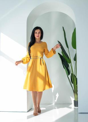 Урочисте жовте молодіжне плаття з тонкої тканини креп під пояс 44, 46, 48, 50, 521 фото