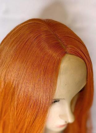 Перука помаранчевий довгий хвилястий з проділом термостійкий / перука оранжева довга хвиляста6 фото