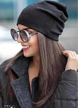 Шапка-бини из ангоры со звёздами - 172 чёрный