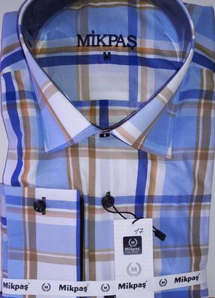 Рубашка мужская micpas vd-0017 голубая в клетку приталенная турция с длинным рукавом