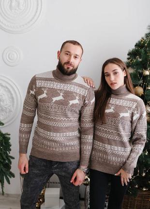 Крутой шерстяной свитер, семейный образ, новогодний свитер с оленями, тёплый свитер парный, образ на фотосессию, подарок на новый год, family look1 фото