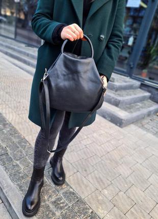 Жіноча стильна чорна сумочка із натуральної шкіри італія женская черная крутая сумка из натуральной кожи4 фото