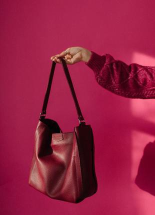 Бордовая кожаная сумка, кожаный шоппер марсала, женская сумка1 фото