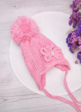 Шапка на завязках для девочек 0,6-3  с флисовым утеплением