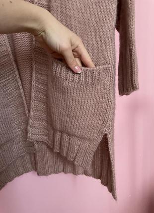 Об‘ємний подовжений рожевий в’язаний кардиган з кишеньками свободный удлиненный свитер оверсайз2 фото