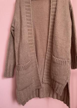 Об‘ємний подовжений рожевий в’язаний кардиган з кишеньками свободный удлиненный свитер оверсайз3 фото