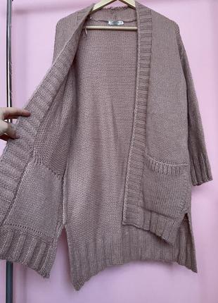 Об‘ємний подовжений рожевий в’язаний кардиган з кишеньками свободный удлиненный свитер оверсайз7 фото