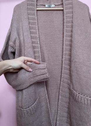 Об‘ємний подовжений рожевий в’язаний кардиган з кишеньками свободный удлиненный свитер оверсайз8 фото