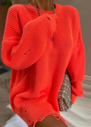 Трендовый рваный свитер-туника платье оверсайз оранжевый | турция 🇹🇷
