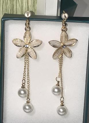 Сережки сережки висульки з перлами фіанітами з ліліями2 фото