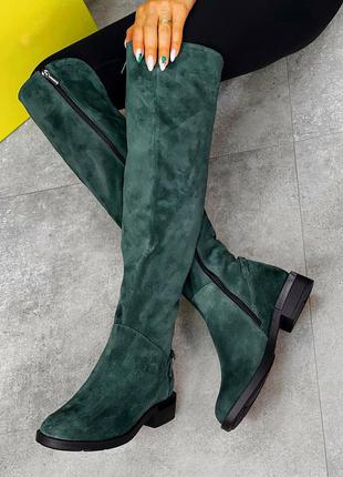 Сапоги ботфорты из натуральной темно зеленой замши изумруд , без каблука3 фото