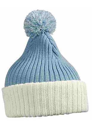 Шапка унісекс осінньо-зимова в'язана з одворотом і помпоном - mb7540mlbw колір небесно-блакитний-білий