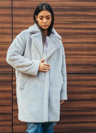 Полушубок женский зимний  оверсайз из искусственного меха - 401 серый цвет