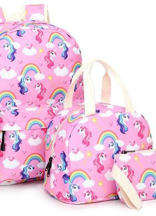 Рюкзак розовый  / единороги и радуга / школьный / городской / на каждый день / 3в1 / с пеналом и сумкой для3 фото