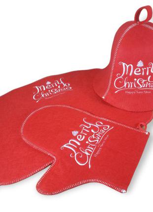 Набор для бани новогодний merry christmas  (шапка, коврик, рукавичка)