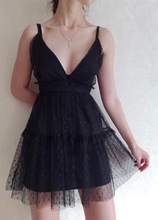 Шикарное платье фатиновое, чёрное платье мо сборками и рюшами, элегантное мини платье в горошек, сукня міні, плаття в горох3 фото