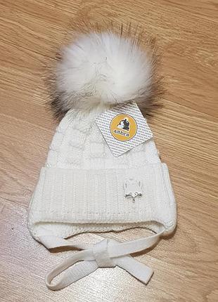 Новая зимняя шапка 38,40,42см, 0-6, 6-9мес. теплая на флисе вязаная белая