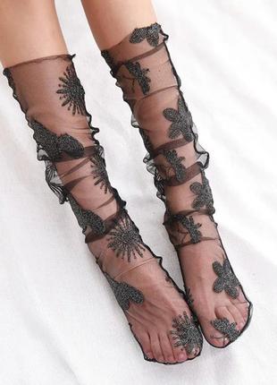 Блестящие фатиновые носочки с вышивкой/черный/серебристый/тренд