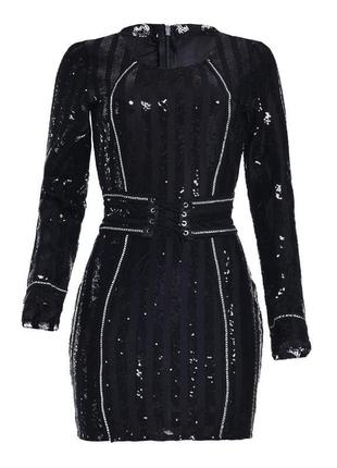 Вечернее нарядное платье в пайетку с поясом черное1 фото