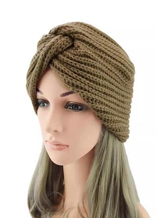 Коричнева шапка-тюрбан в'язана трикотажна осінь зима в богемному стилі