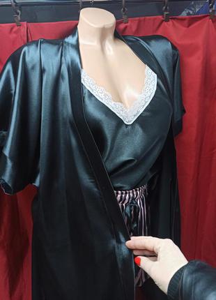 Атласный комплект атласная пижама шёлковый халат шелковая пижамка в полоску черный халат чёрный атласный халат3 фото