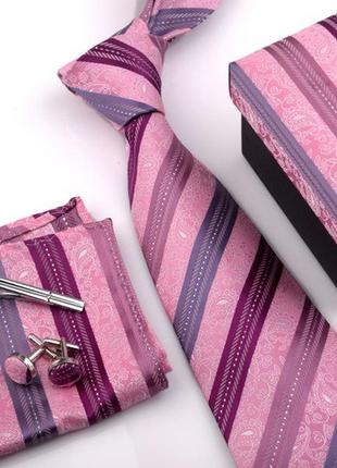 Подарочный розовый набор: галстук, запонки, платок, зажим1 фото