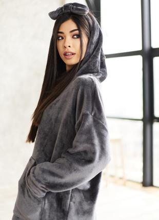 Тепла махрова піжама плаття оверсайз сірий з капюшоном 2 кольори купити теплу піжаму4 фото