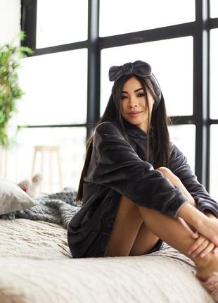 Тепла махрова піжама плаття оверсайз сірий з капюшоном 2 кольори купити теплу піжаму5 фото