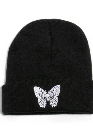 Шапка c бабочкой /шапка женская / черная шапка / детская шапка / подростковая шапка