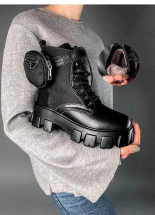Ботинки женские prada мех зимние теплі черные / черевики жіночі прада хутро зимні теплі чорні