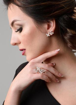 Срібний набір з золотою пластиною , 925 проба , 375 проба , квіточки , листочки , метелики