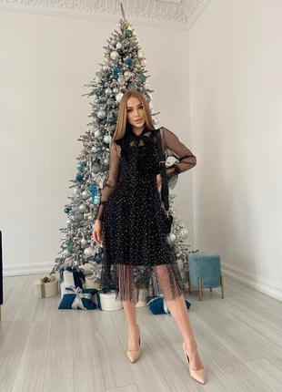 Чорне новорічне ошатне міді сукня з паєтками з довгими рукавами хс з м xs s m 42 44 46