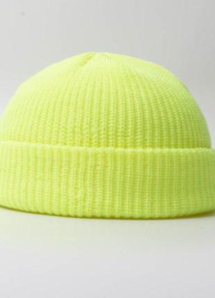 Шапка бини / шапка укороченная / шапка кусто / шапка докера / неоновая желтая шапка