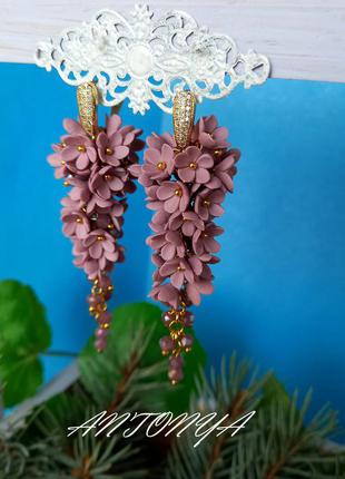Серьги с цветами, серьги длинные цвета лаванды, серьги гроздья лавандовые английский замок6 фото