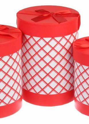 Набір круглих подарункових коробок червоно-білих (комплект 3 шт)