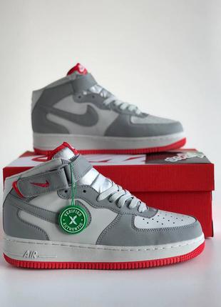 Nike air force 1 mid 07 platinum grey wolf-bright crimson кросівки!!!
