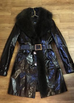 Натуральный кожаный плащ пальто с натуральным мехом5 фото