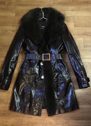Натуральный кожаный плащ пальто с натуральным мехом