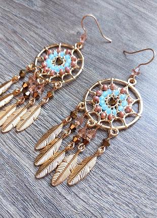 Мерехтливі ніжні сережки ловець ловці снів колір рожеве золото бохо етно хіпі кантрі