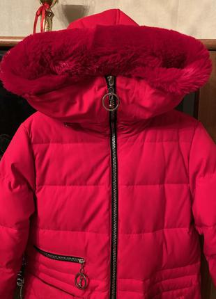 Зимнее подростковое пальто на девочку  10-12 лет, рост 146-152, с капюшоном, красное4 фото