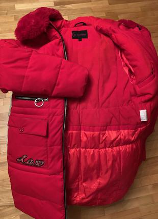 Зимнее подростковое пальто на девочку  10-12 лет, рост 146-152, с капюшоном, красное5 фото