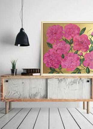 Картина розовые пионы на золотом фоне, масло, двп, оригинал1 фото